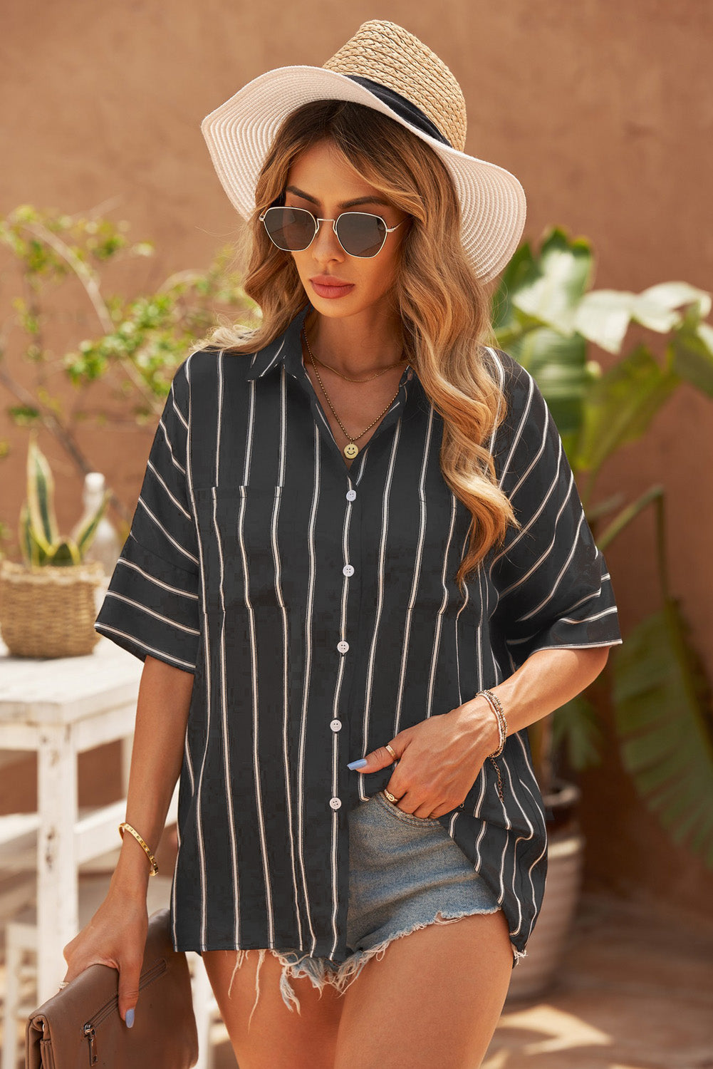 Striped Half Sleeve Collared Shirt