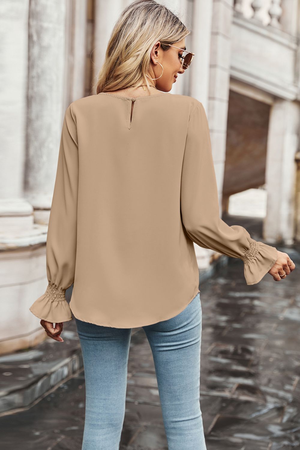 Round Neck Long Flounce Sleeve Blouse