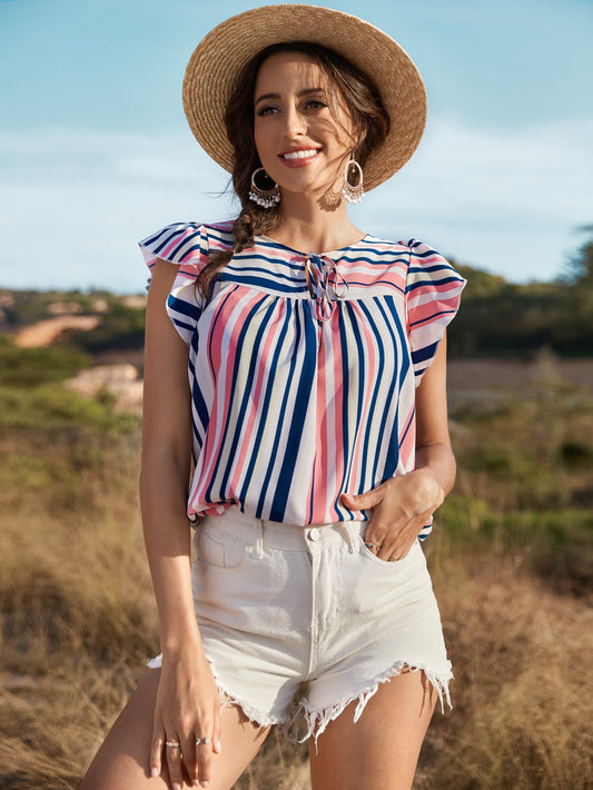 Striped Flutter Sleeve Tied Blouse