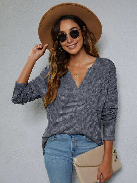 Dropped Shoulder High-Low Waffle-Knit Top