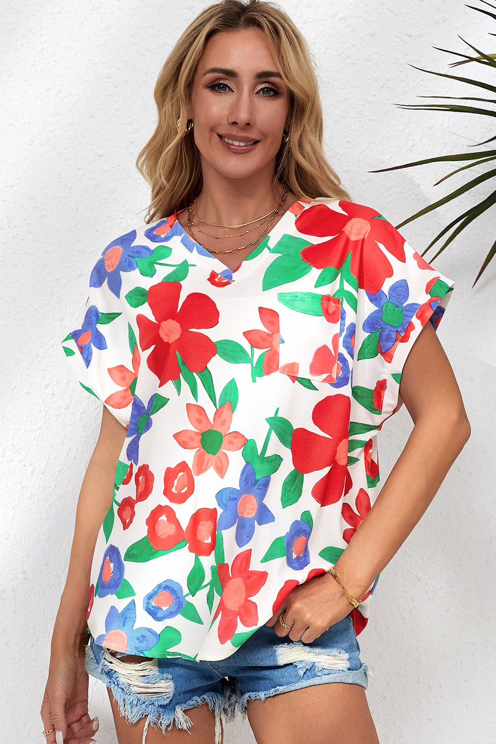 Floral V-Neck Short Sleeve Top