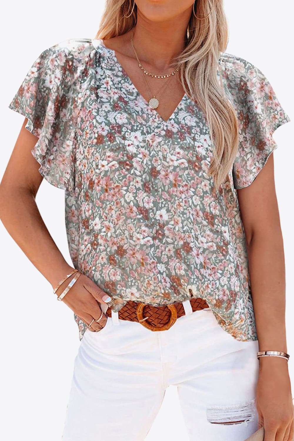 Floral V-Neck Flutter Sleeve Blouse