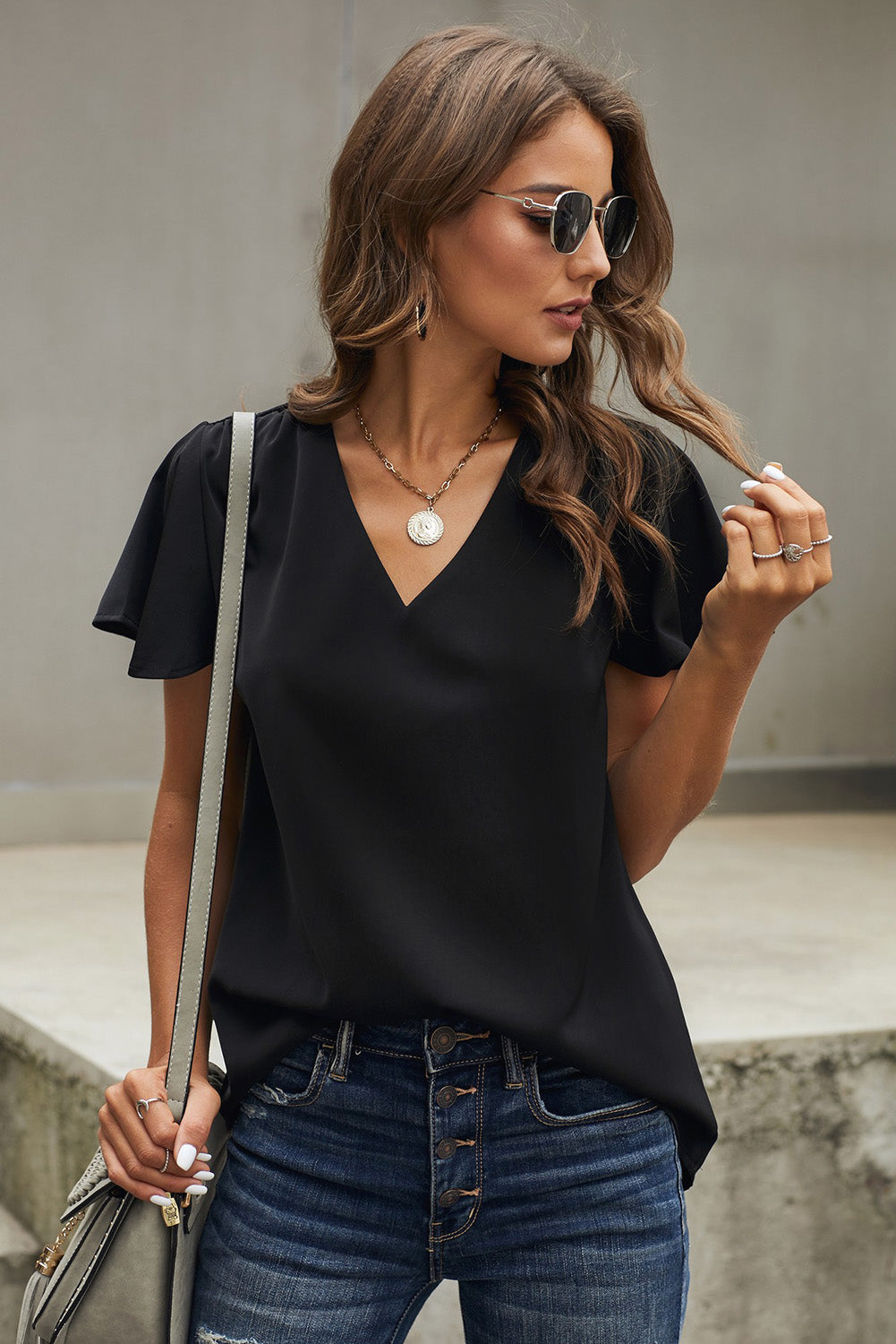 V-Neck Flutter Sleeve Blouse