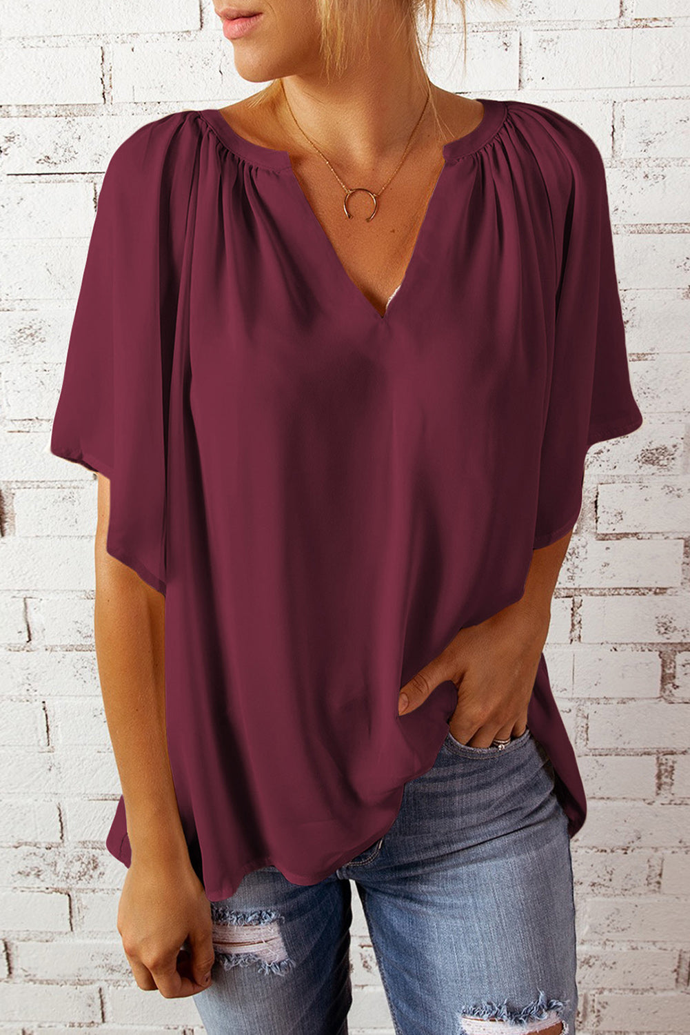 Gathered Detail Notched Neck Flutter Sleeve Top