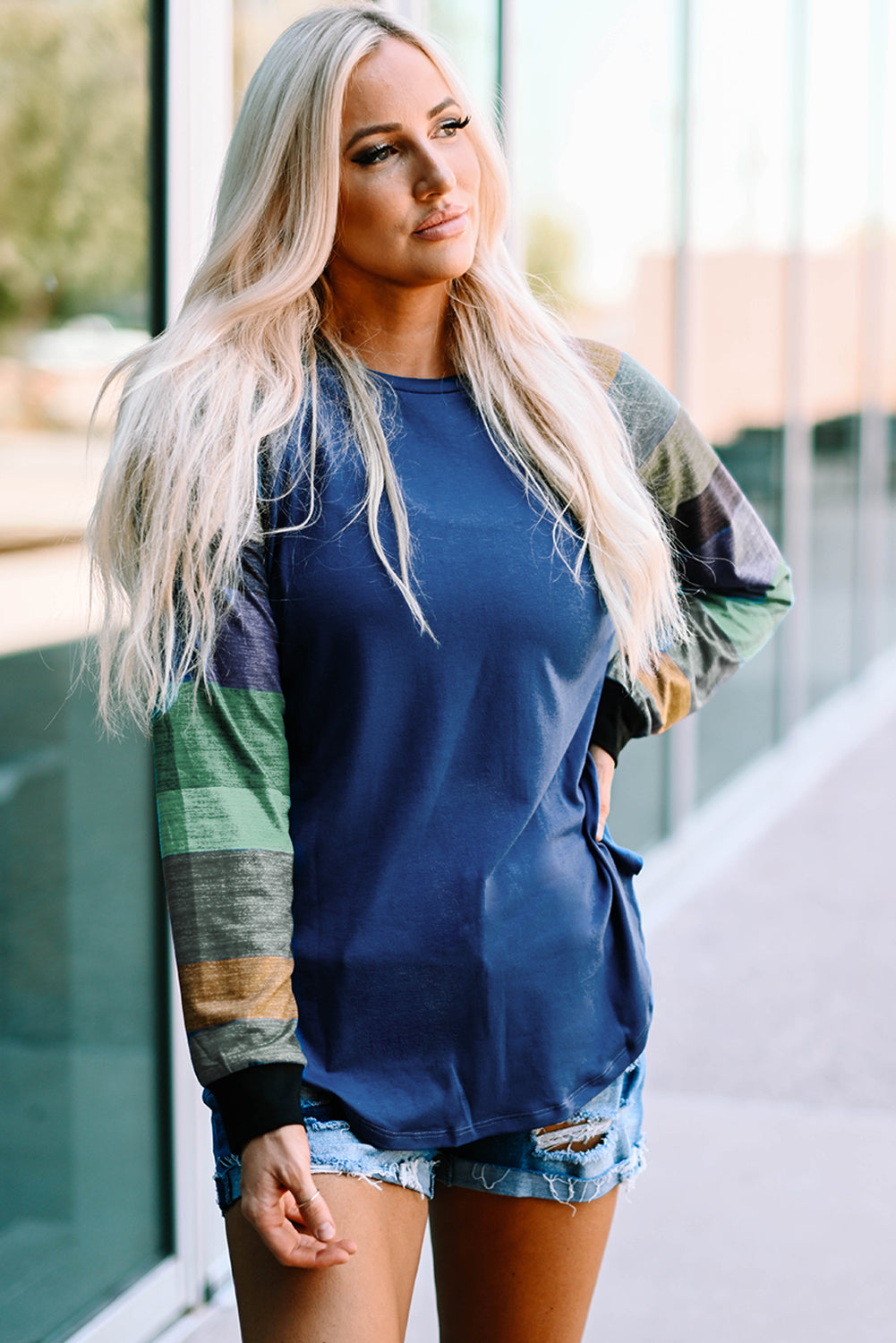 Color Block Curved Hem Long Sleeve Tee