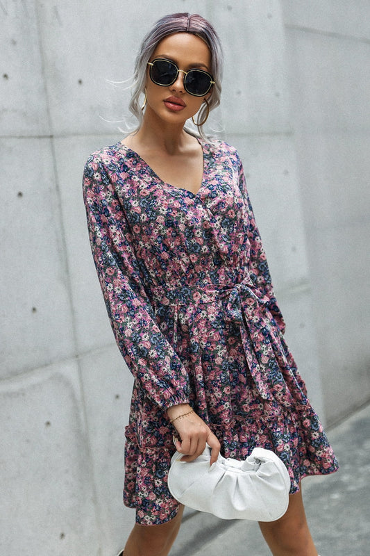 Floral Print Tie Waist Surplice Neck Mini Dress