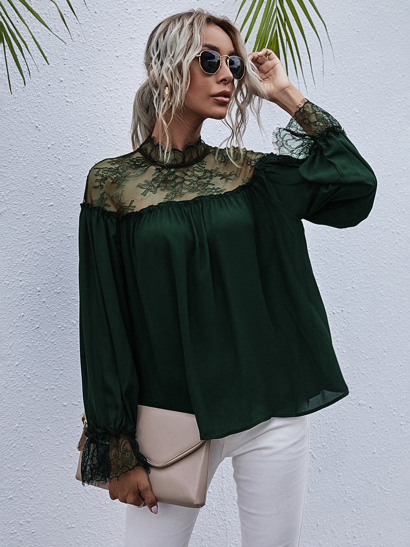 Semi-Sheer Lace Trim Mock Neck Blouse