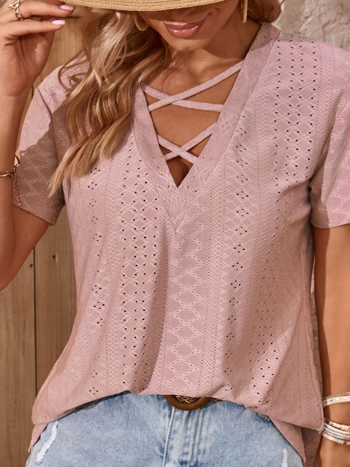 Crisscross V-Neck Eyelet Top