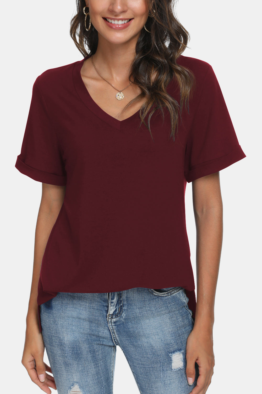 V-Neck Short Sleeve Slit T-Shirt