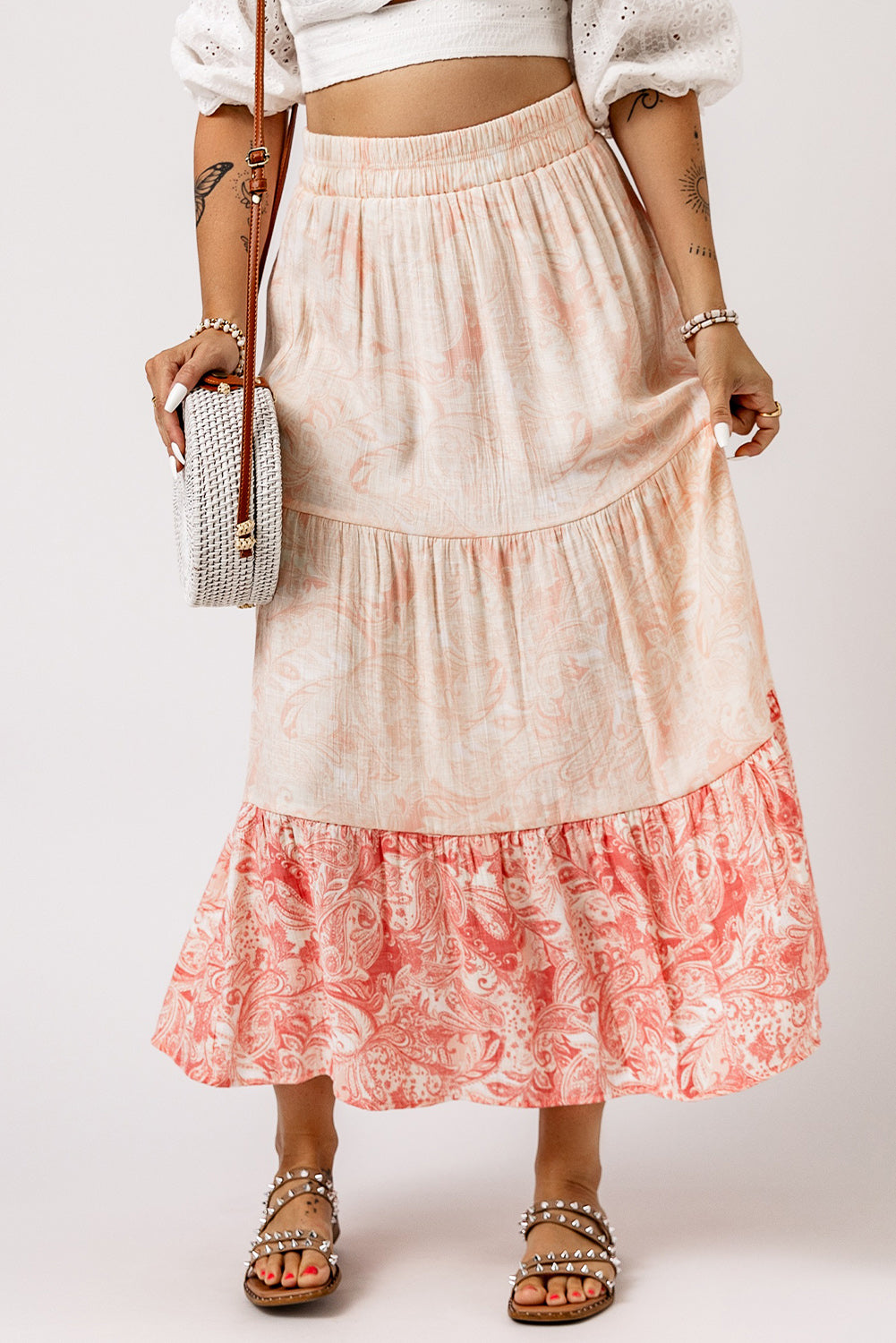 Floral Color Block Tiered Skirt