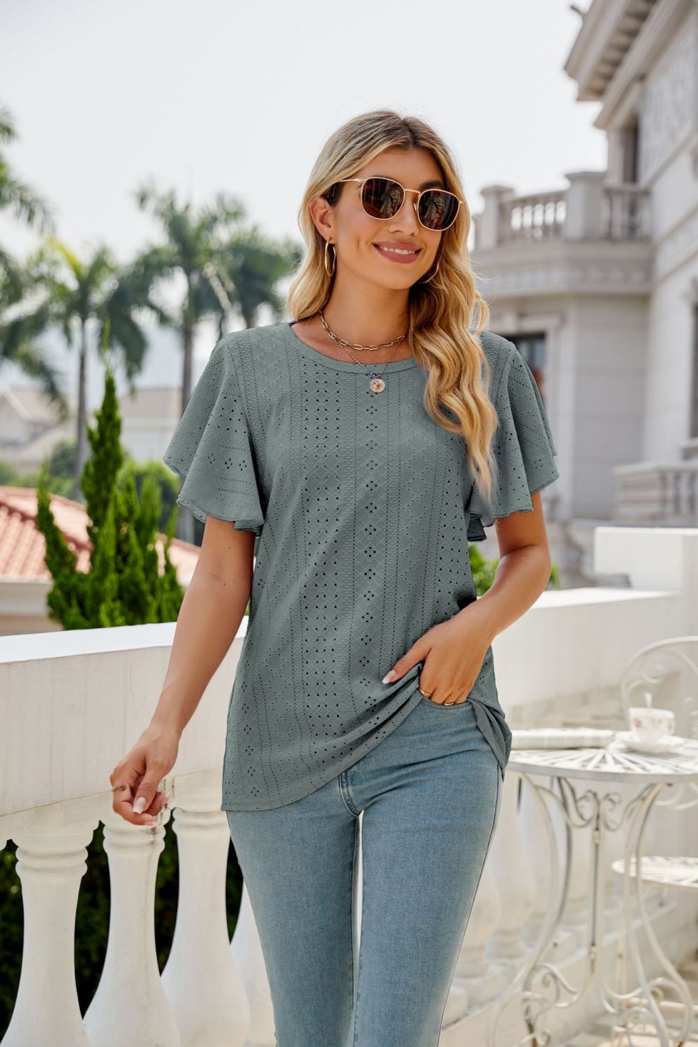 Eyelet Flutter Sleeve Round Neck Top