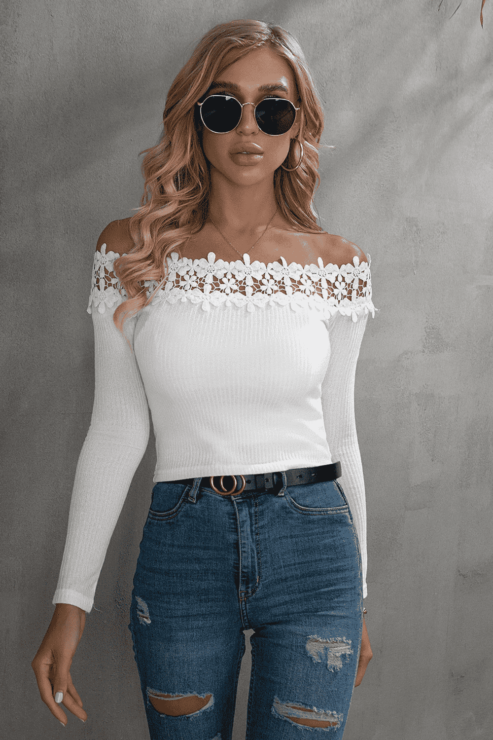 Off-Shoulder Lace Trim Ribbed Tee