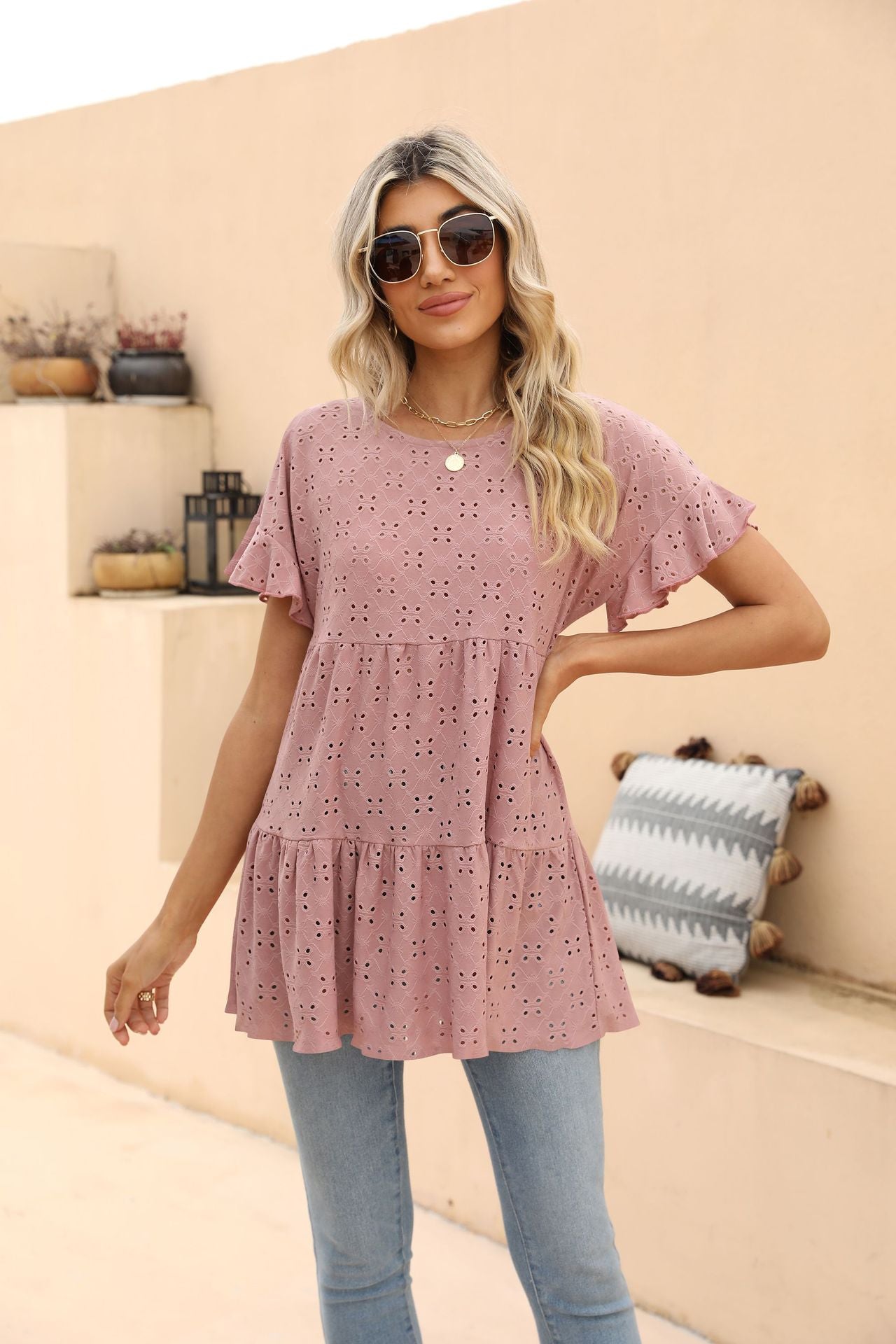 Openwork Round Neck Flounce Sleeve Blouse