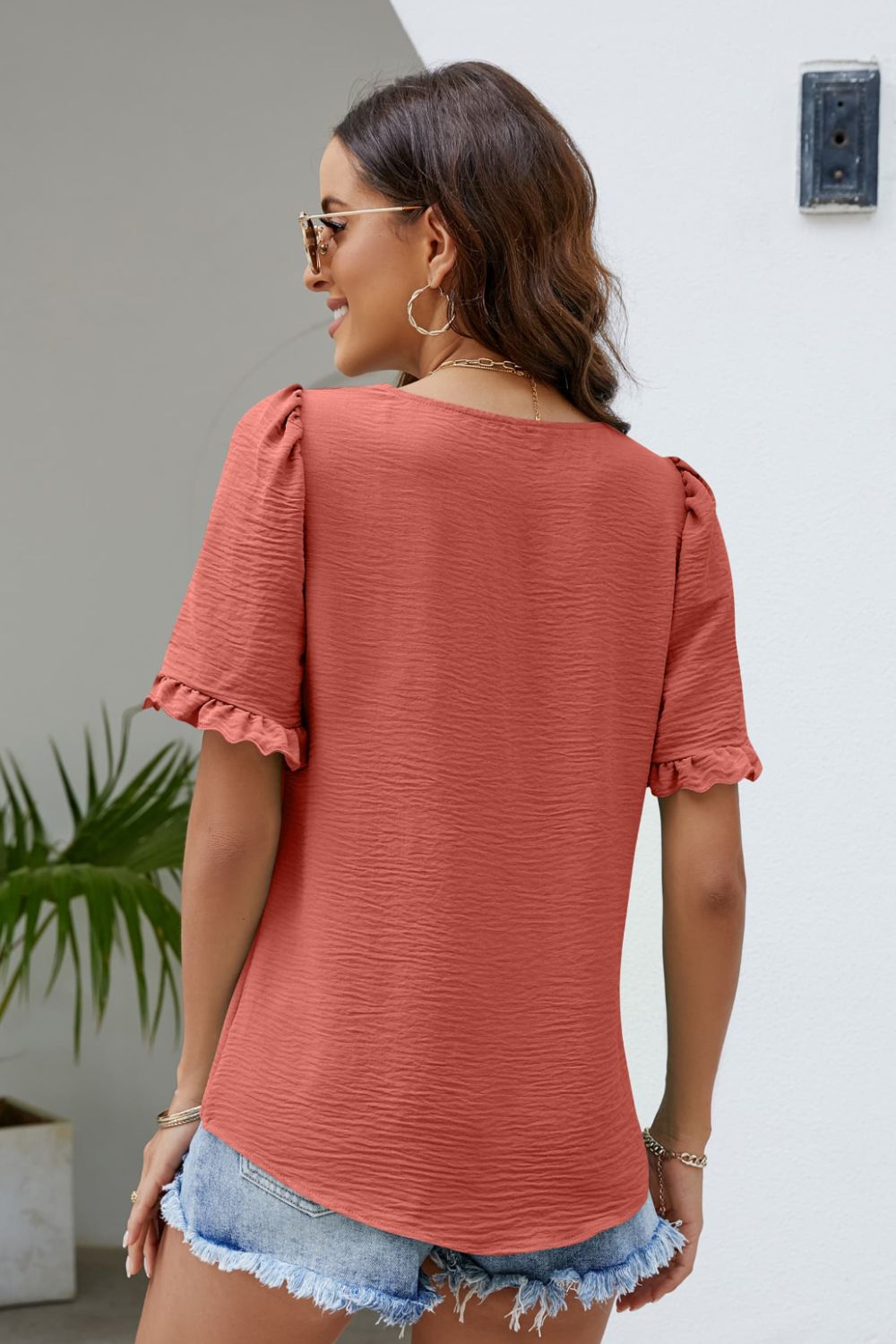 Frill Trim Puff Sleeve Square Neck Blouse