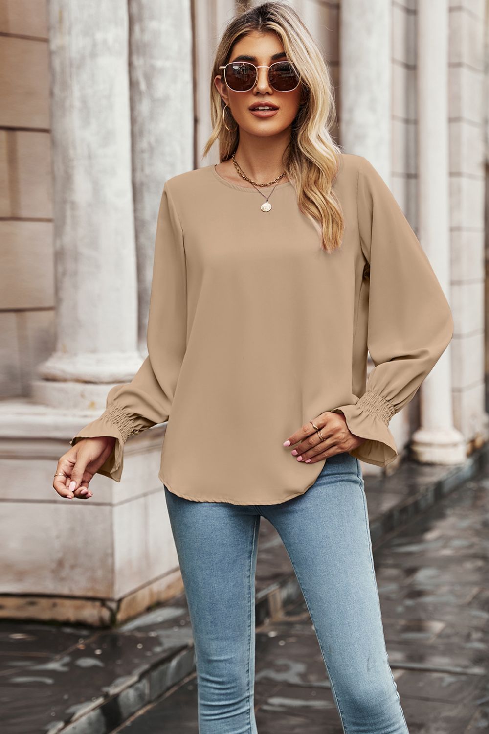 Round Neck Long Flounce Sleeve Blouse