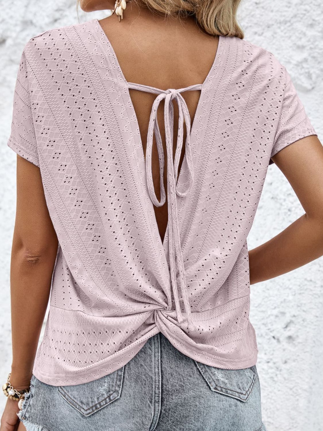 Twist Back Tied Eyelet Top