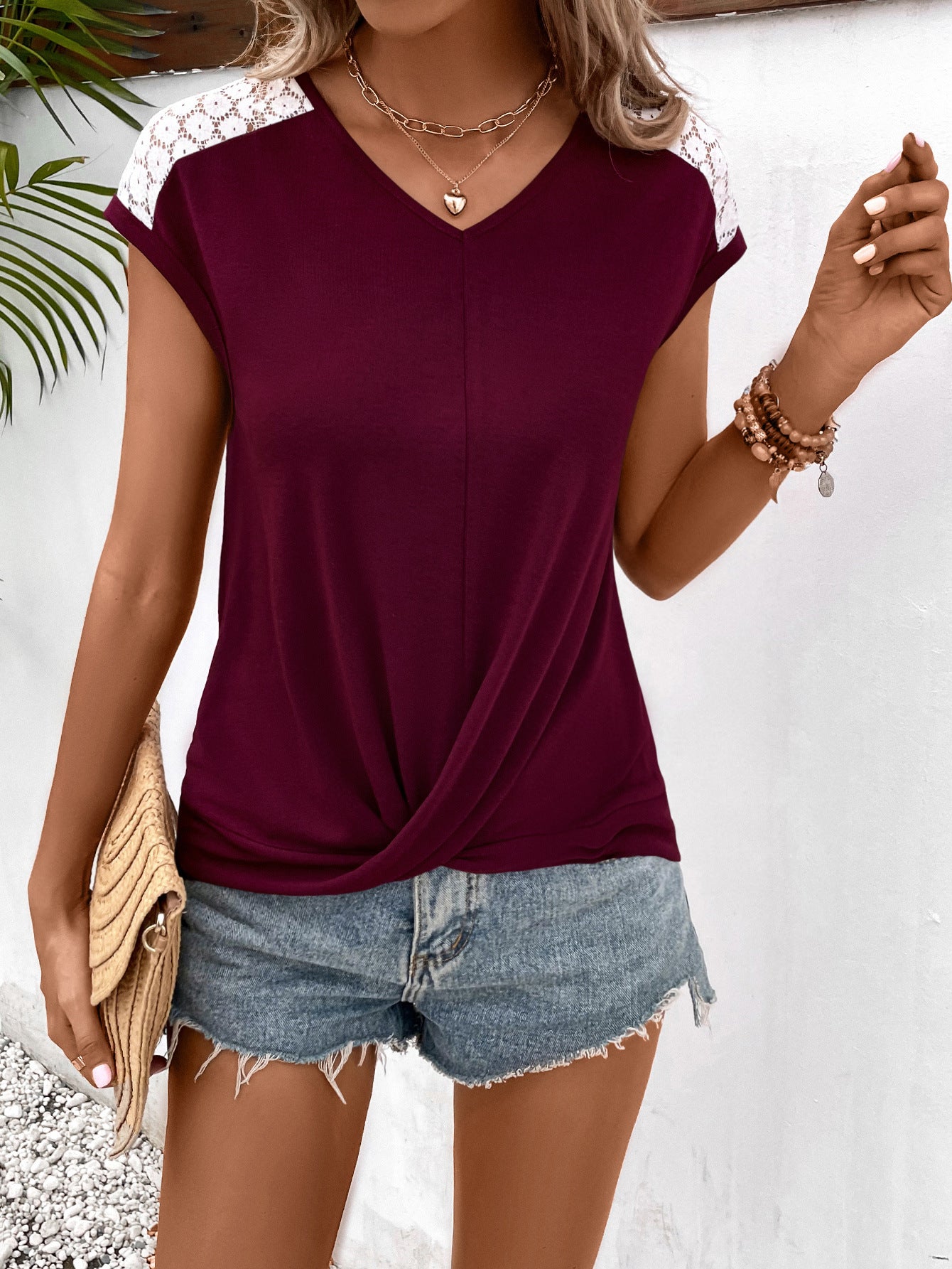 Spliced Lace V-Neck Twisted Hem Tee