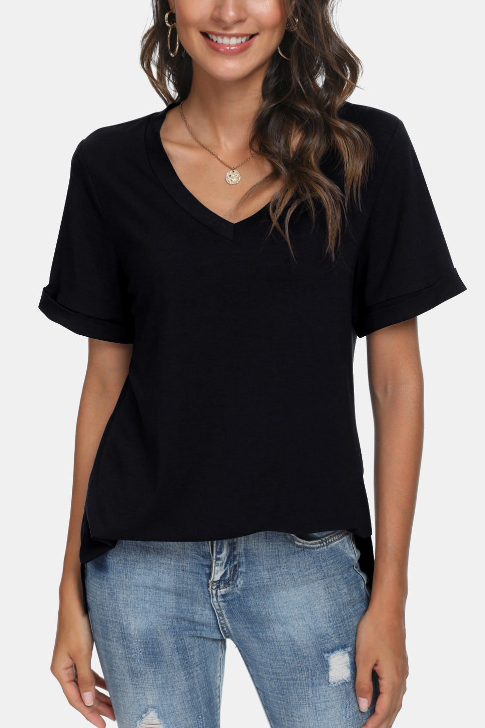 V-Neck Short Sleeve Slit T-Shirt