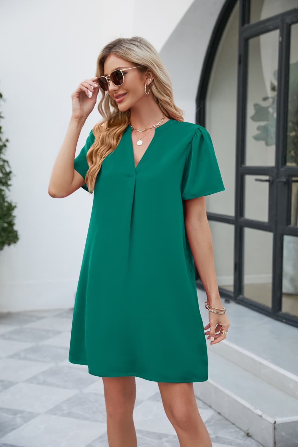 Notched Puff Sleeve Shift Dress