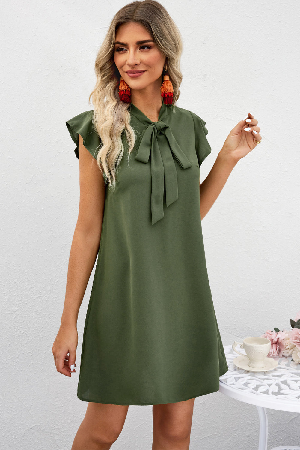 Tie Neck Flutter Sleeve Shift Dress