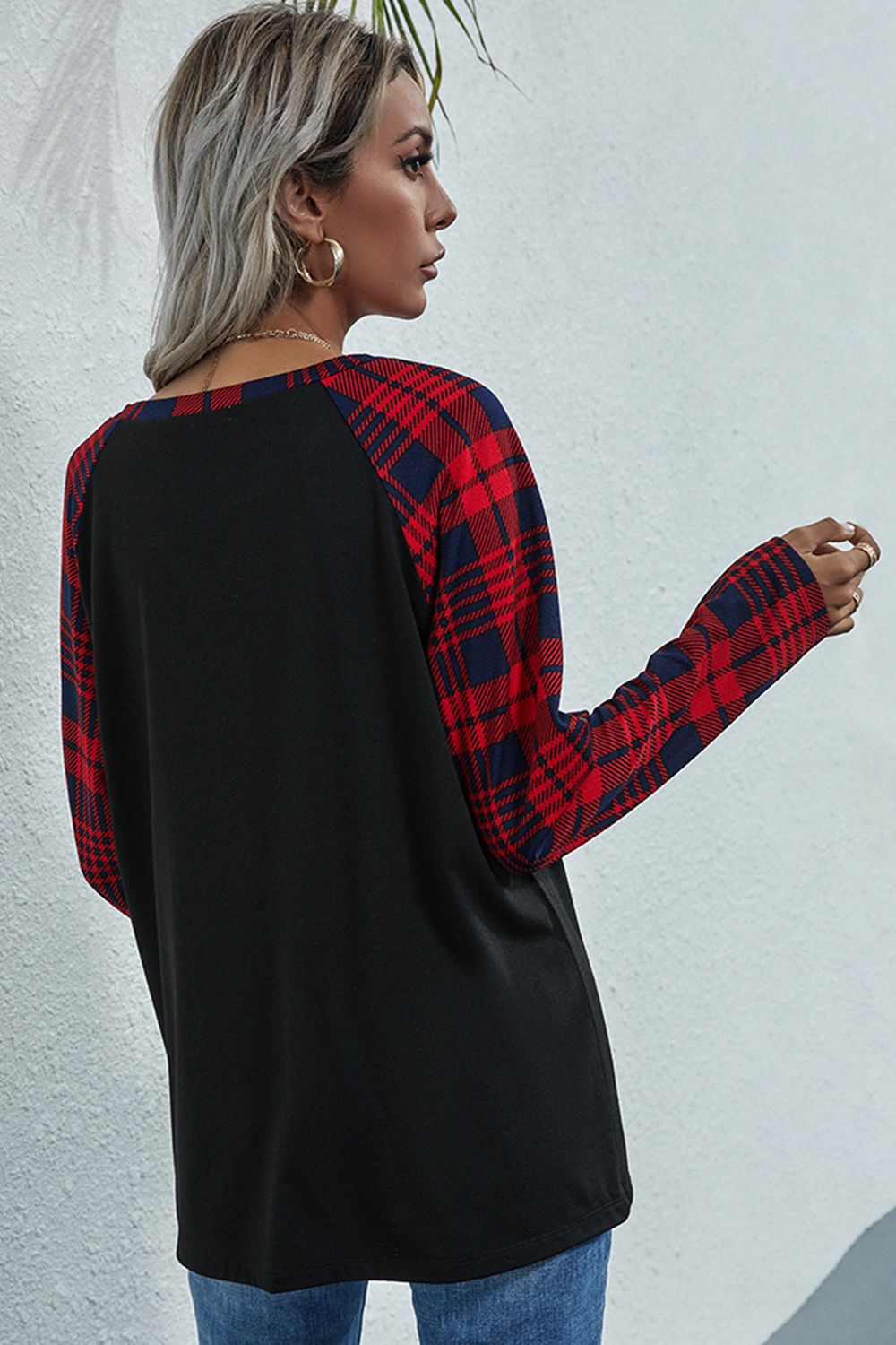 Plaid Print Long Raglan Sleeve Tee