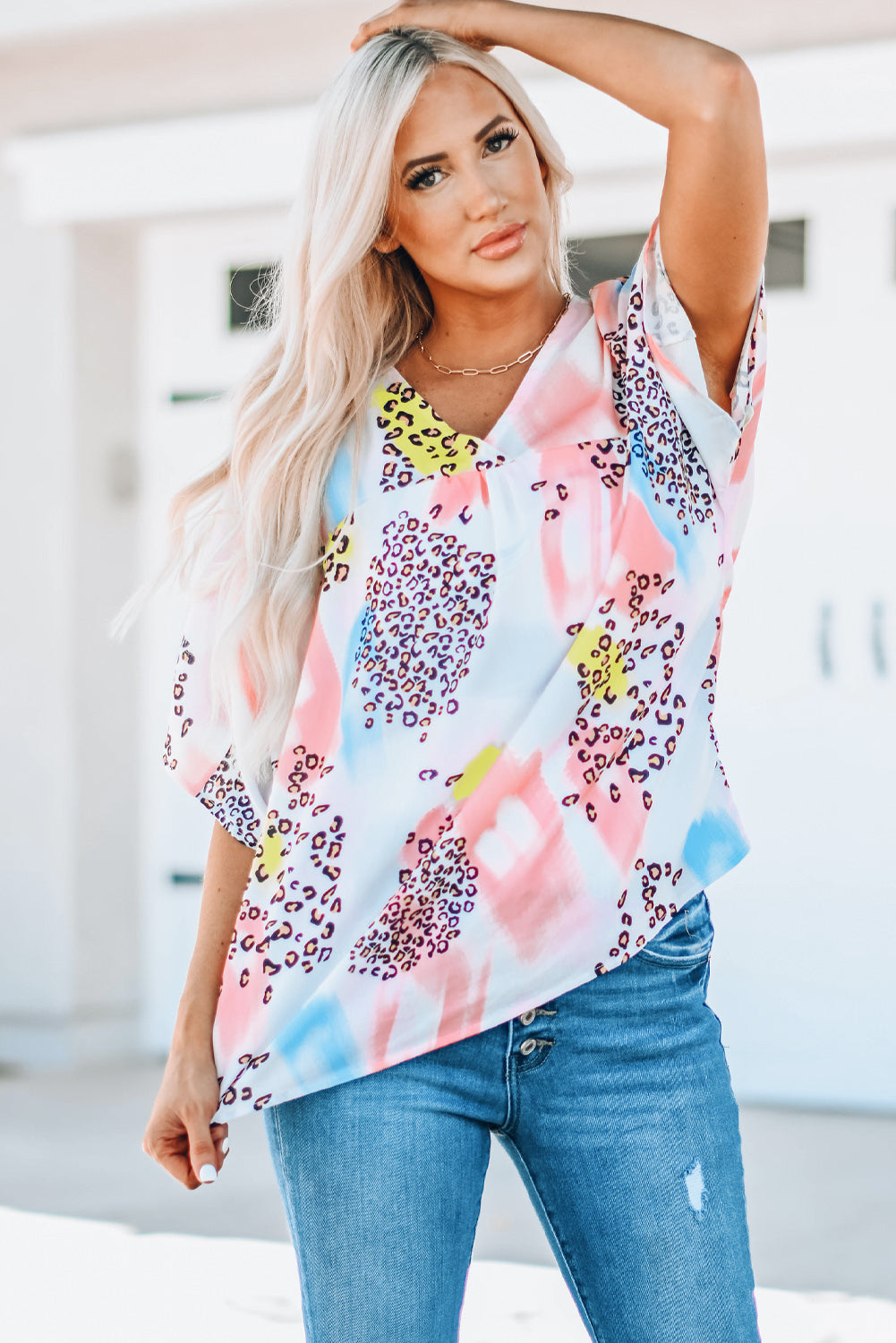 Mixed Print V-Neck Half Sleeve Top