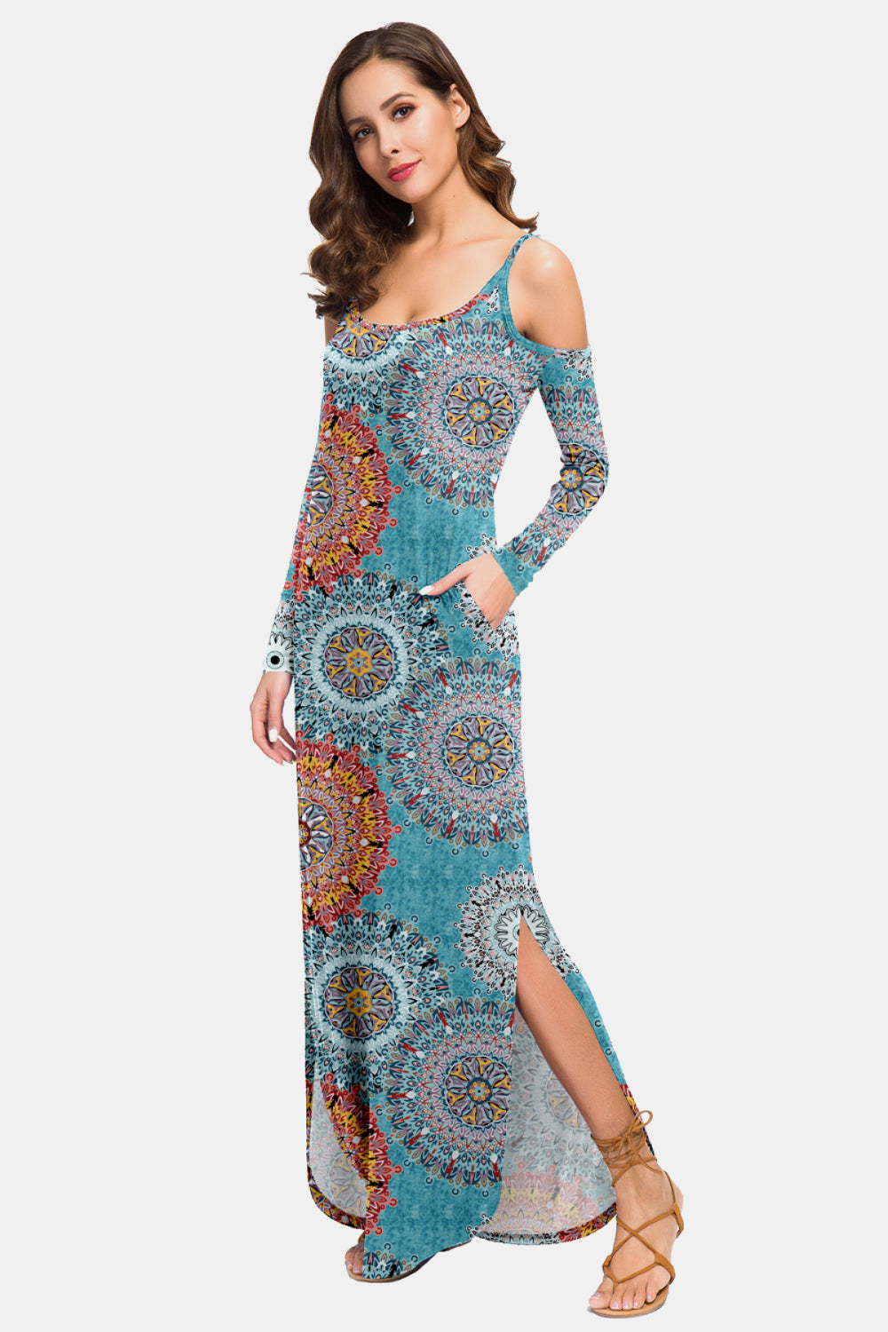 Printed Cold-Shoulder Slit Maxi Dress