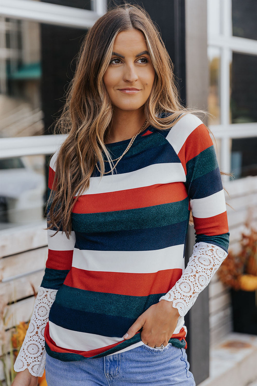 Striped Round Neck Raglan Sleeve Tee