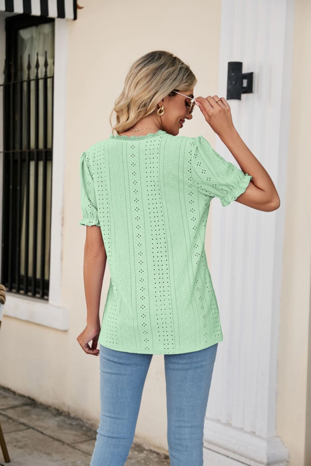 Eyelet Flounce Sleeve Scalloped V-Neck Top