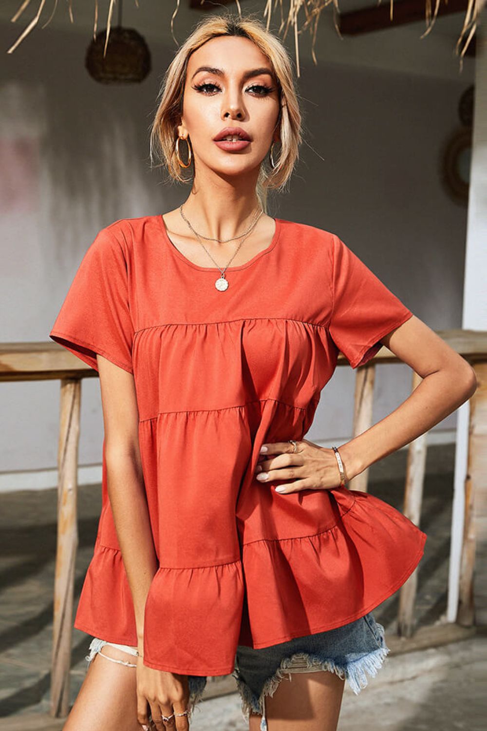 Round Neck Short Sleeve Tiered Blouse