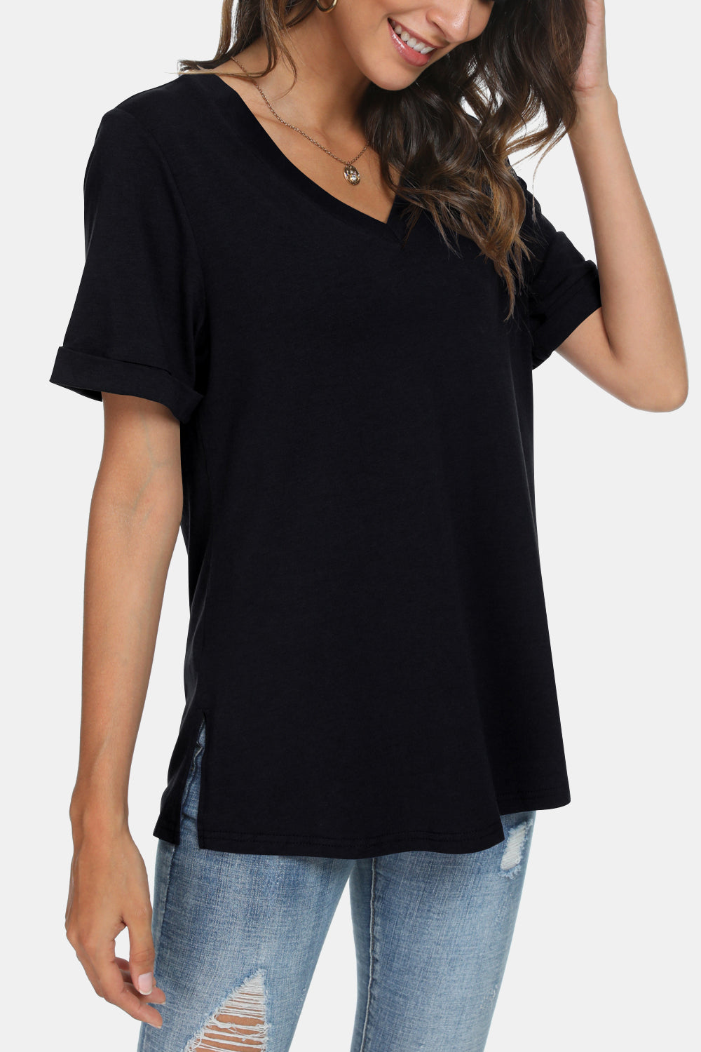 V-Neck Short Sleeve Slit T-Shirt