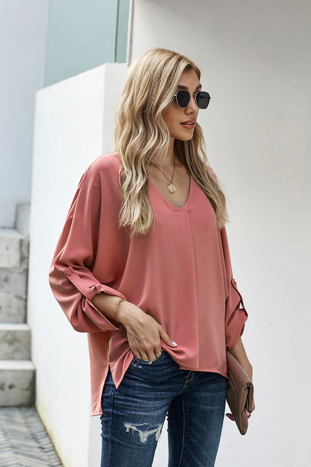 V-Neck Roll-Tab Sleeve Blouse