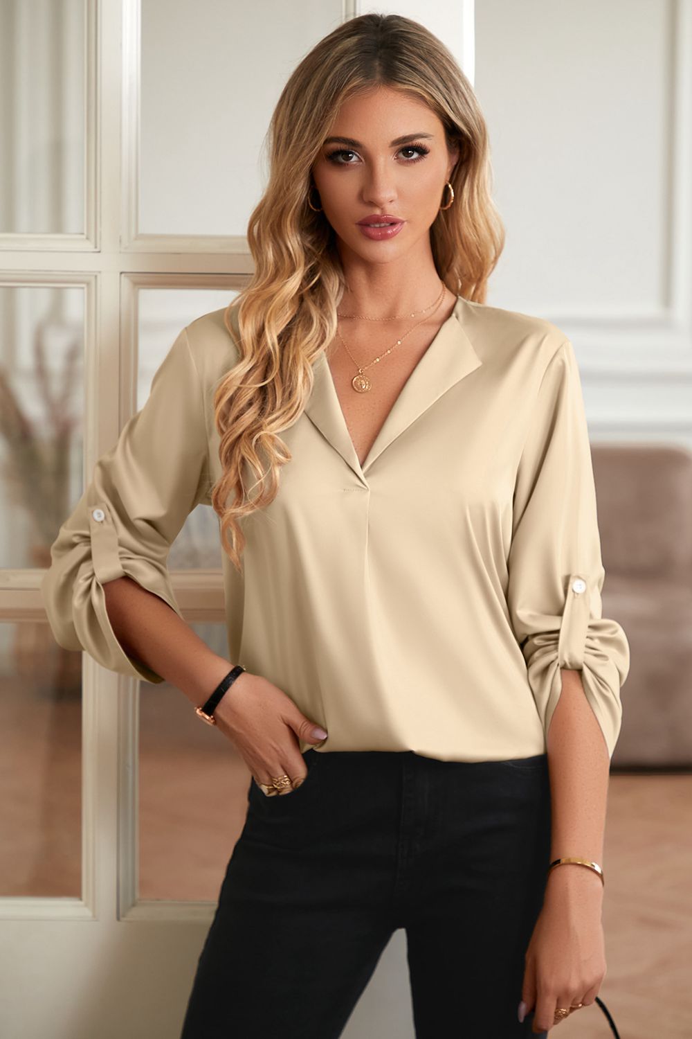 Roll-Tab Sleeve Collared Neck Blouse