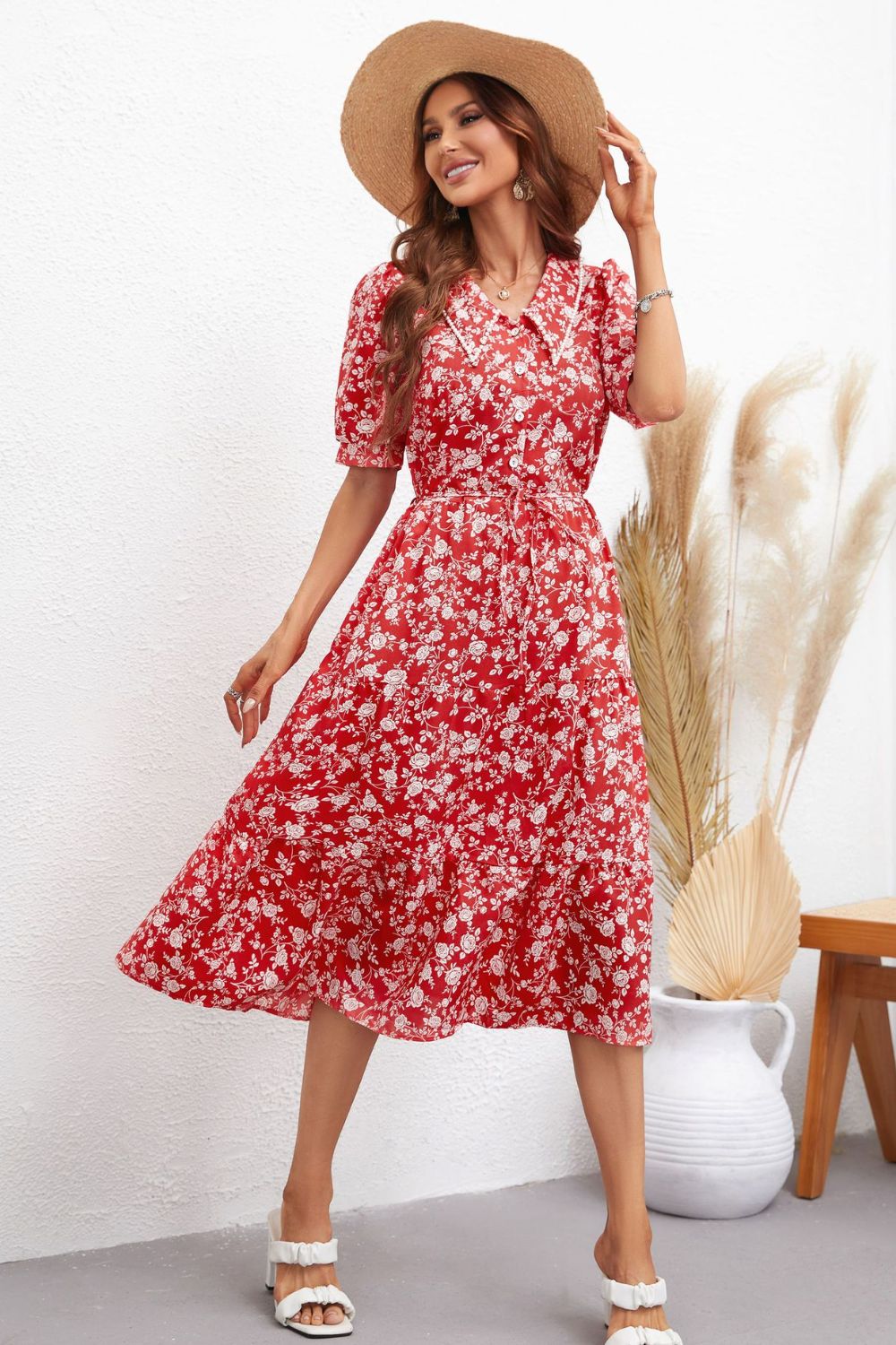 Floral Tie Waist Puff Sleeve Midi Dress