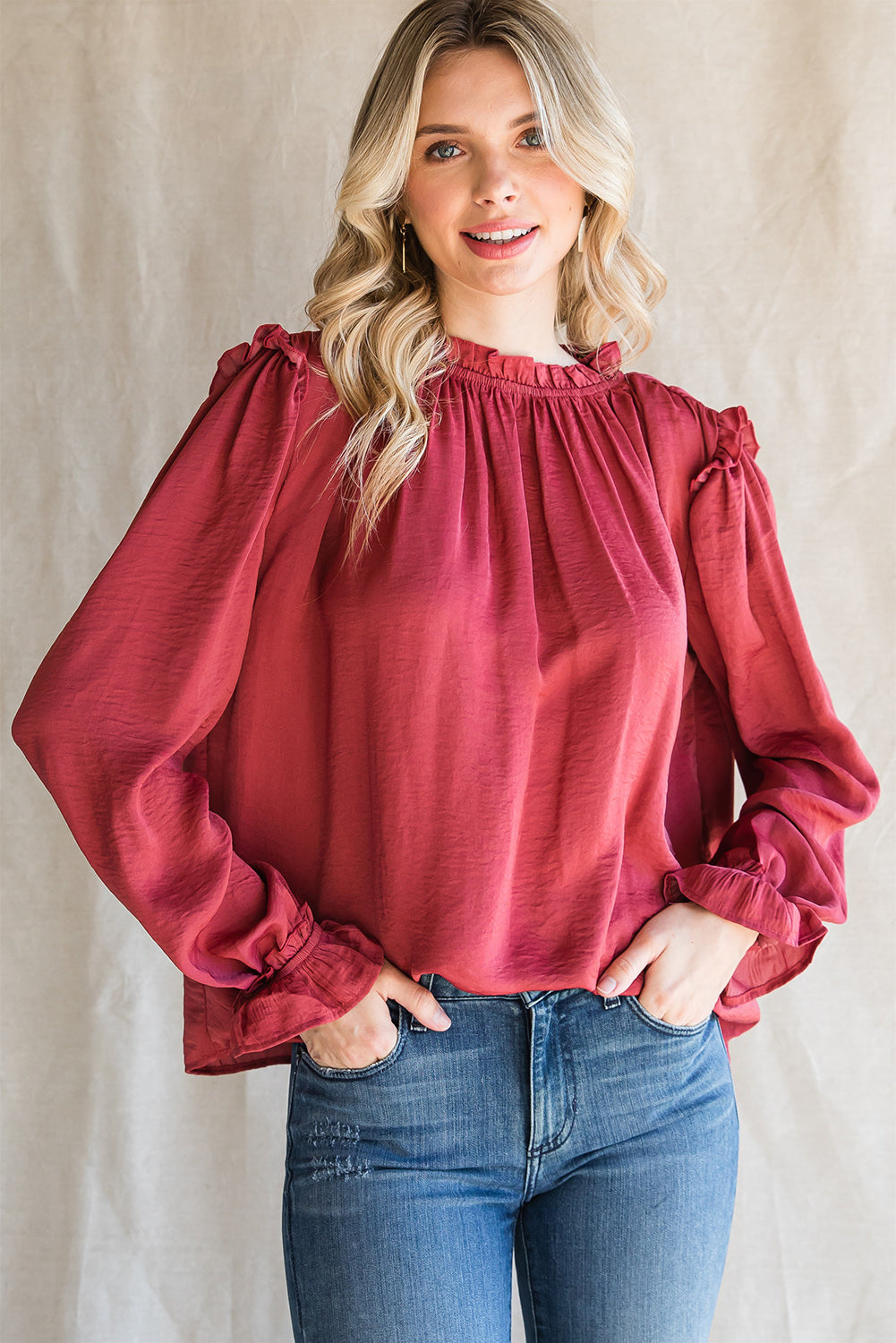 Frilled Neck Long Flounce Sleeve Blouse