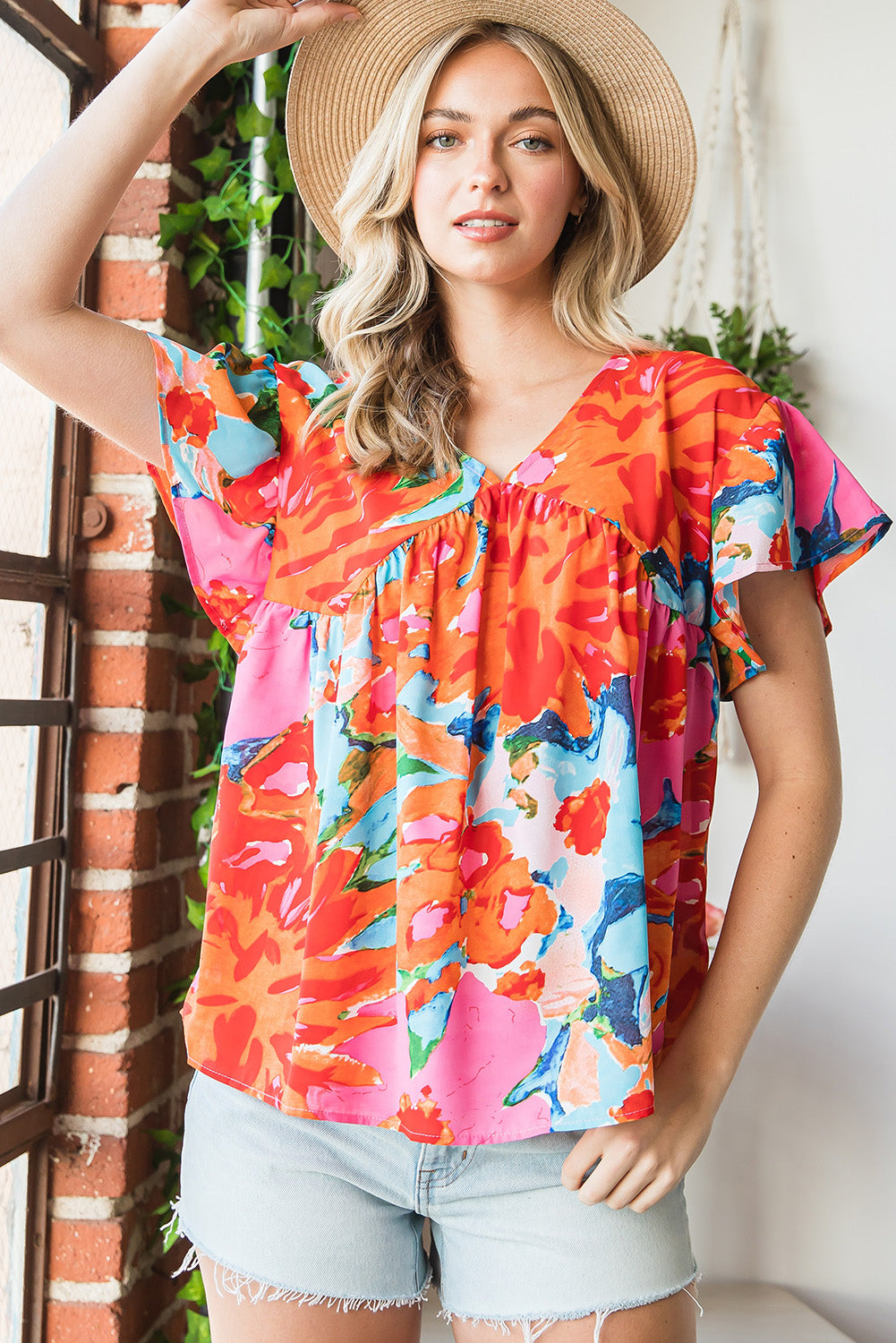 Floral V-Neck Short Sleeve Blouse