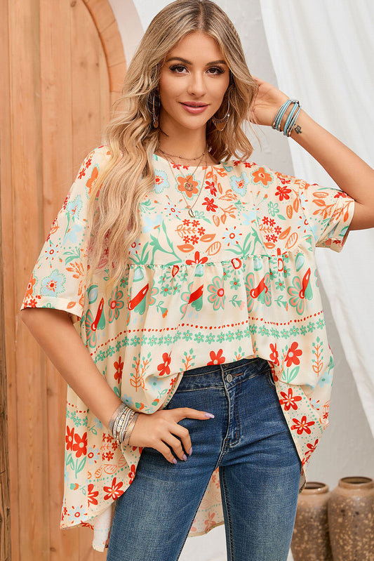 Floral Round Neck Babydoll Blouse