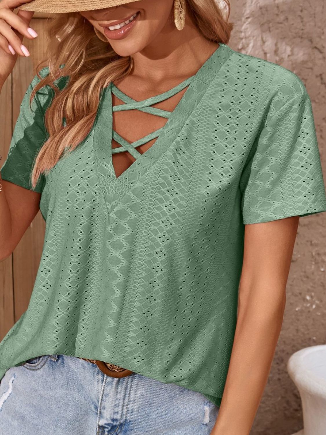 Crisscross V-Neck Eyelet Top