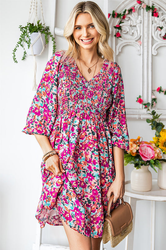 Floral Smocked V-Neck Flounce Sleeve Dress