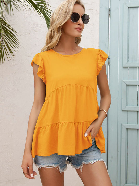 Round Neck Flutter Sleeve Tiered Blouse