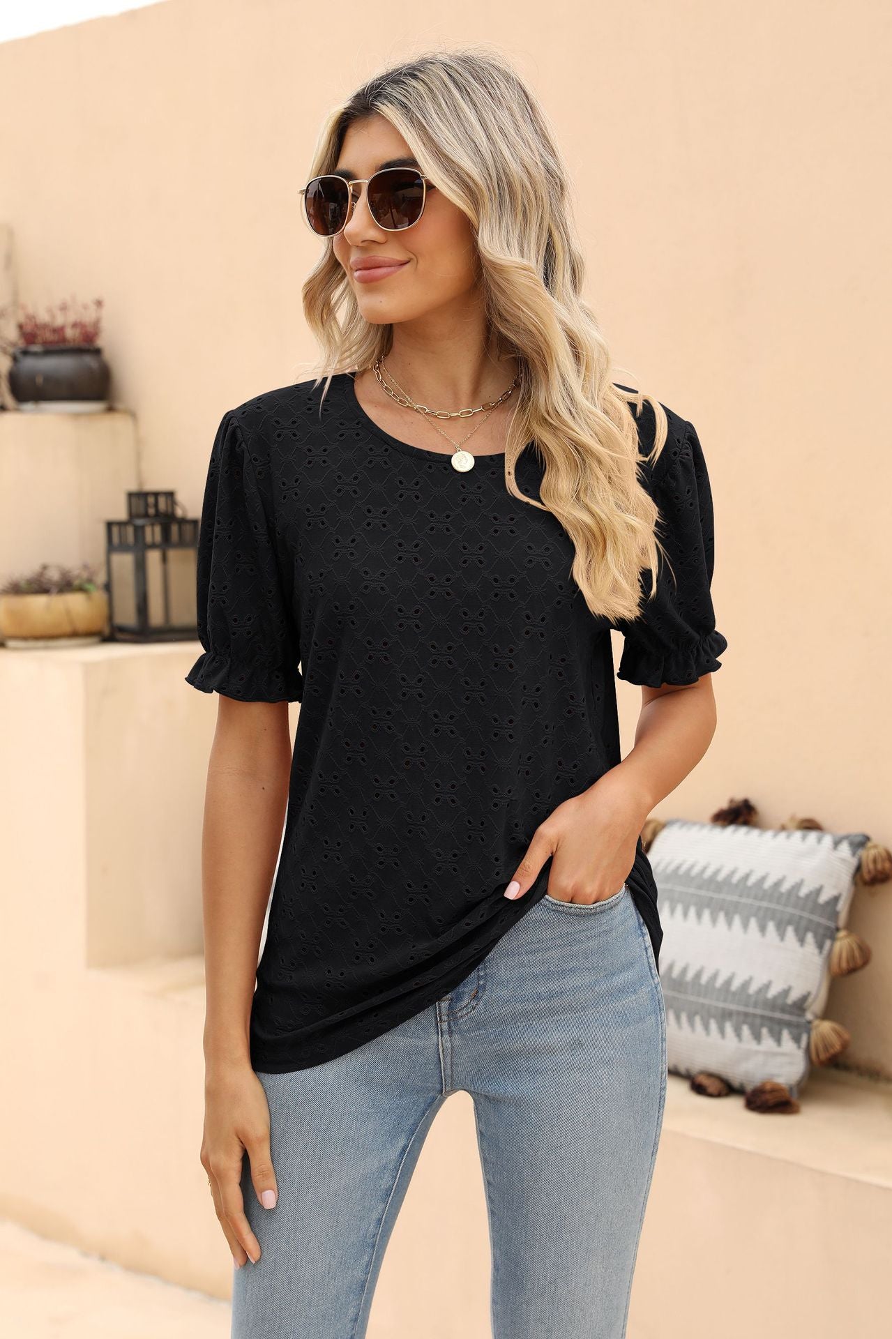 Openwork Round Neck Flounce Sleeve T-Shirt