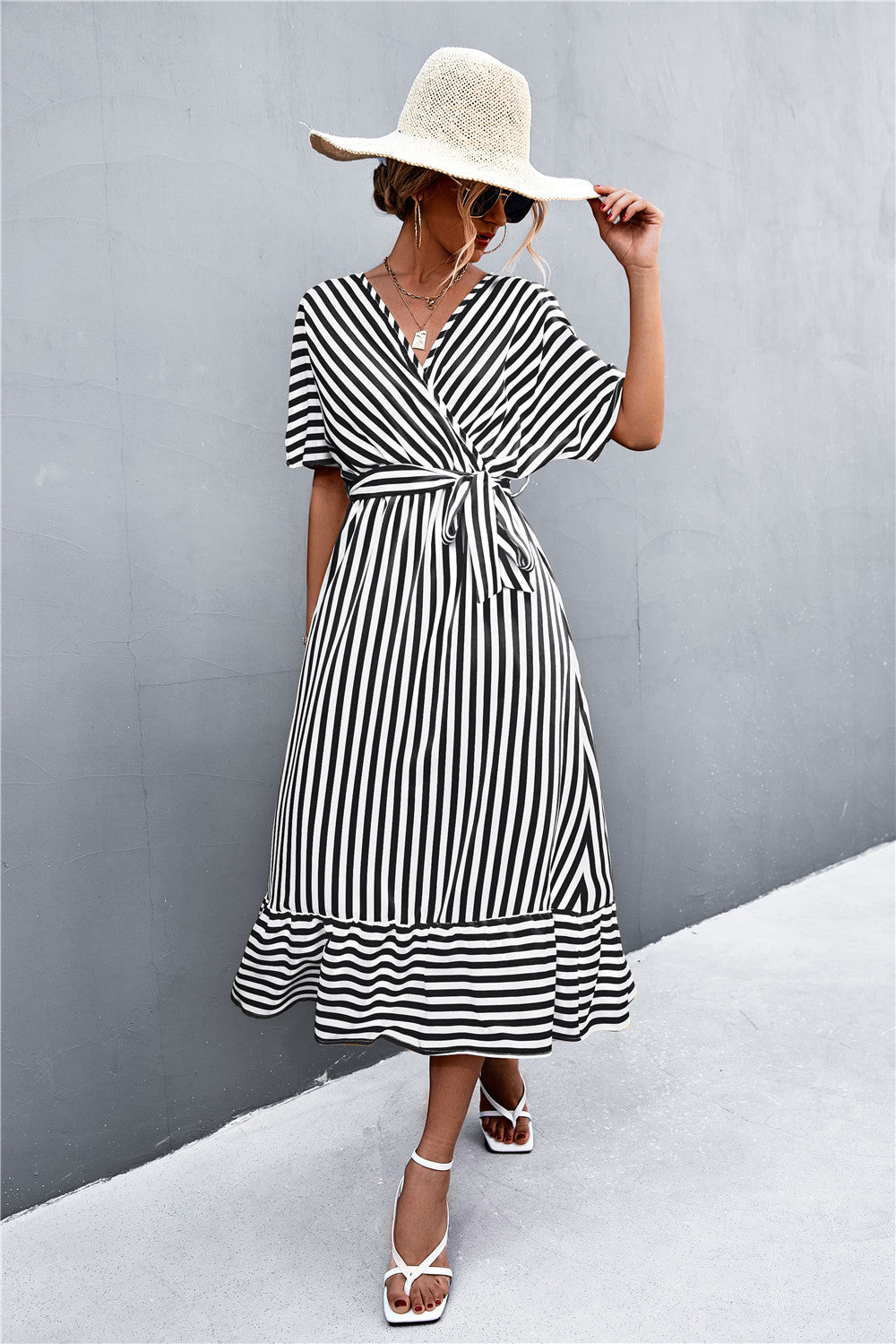 Striped Tie Belt Midi Dress