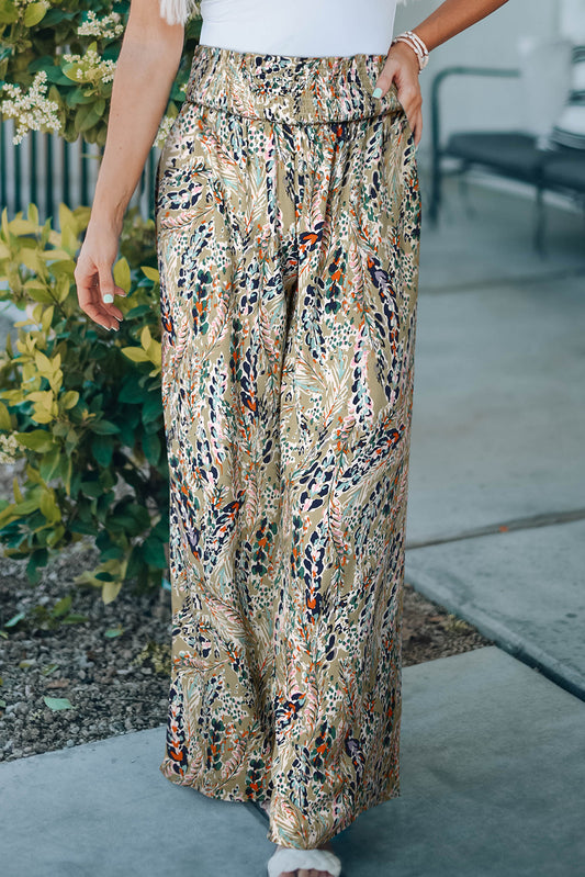 Printed Smocked Waist Wide Leg Pants