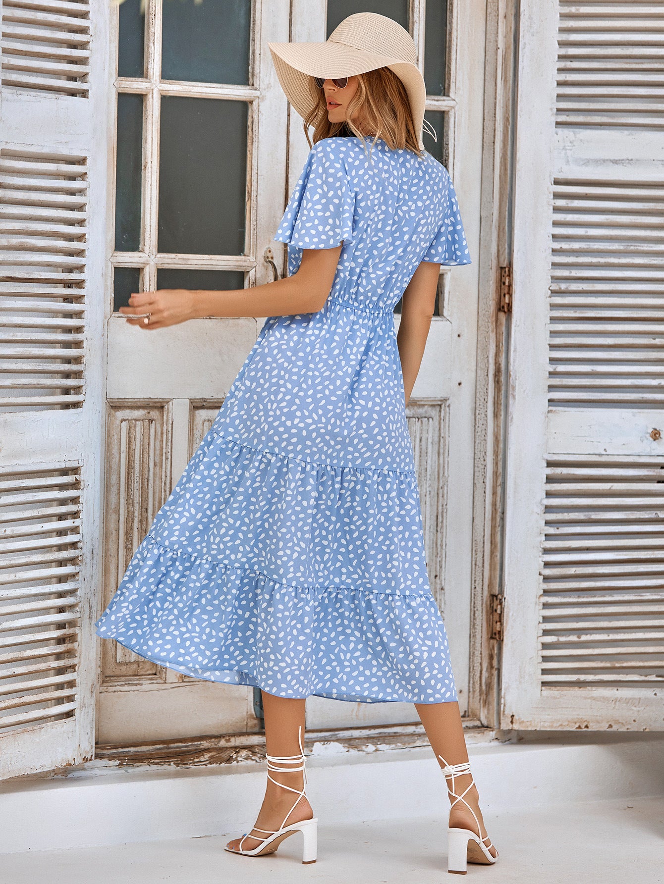 Printed Flutter Sleeve Tiered Dress