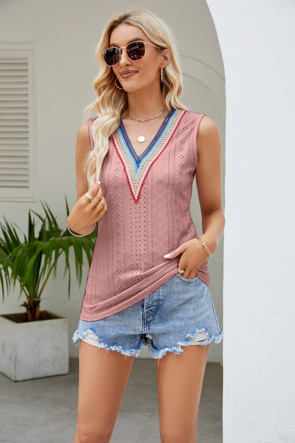 Contrast V-Neck Eyelet Tank