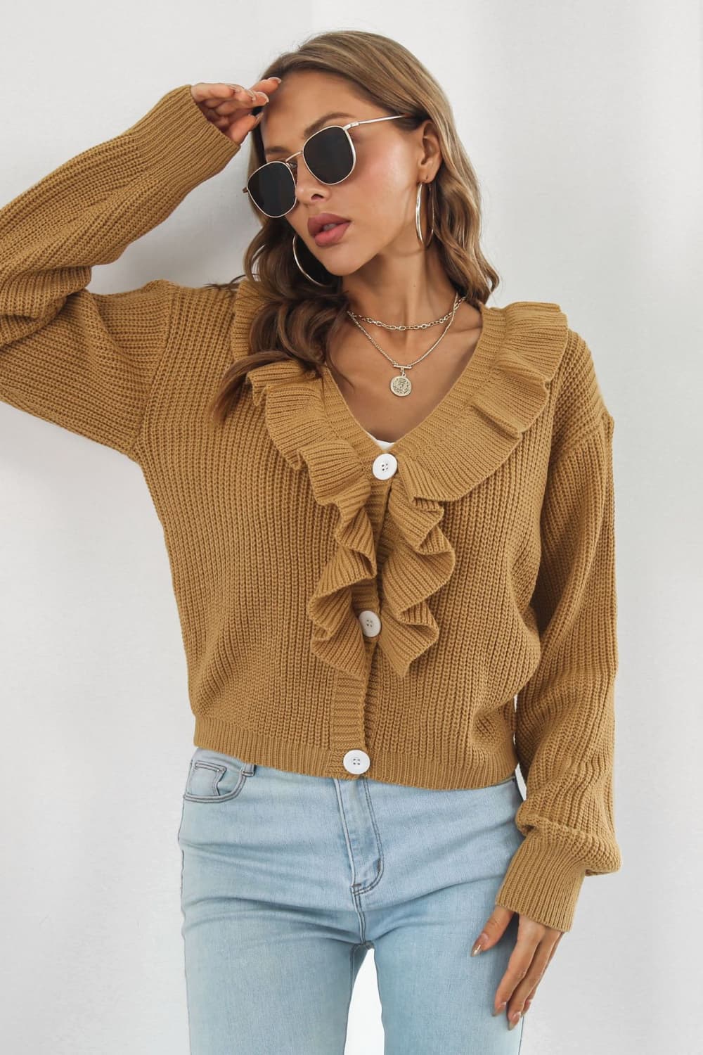 Ruffle Trim Button-Down Dropped Shoulder Sweater